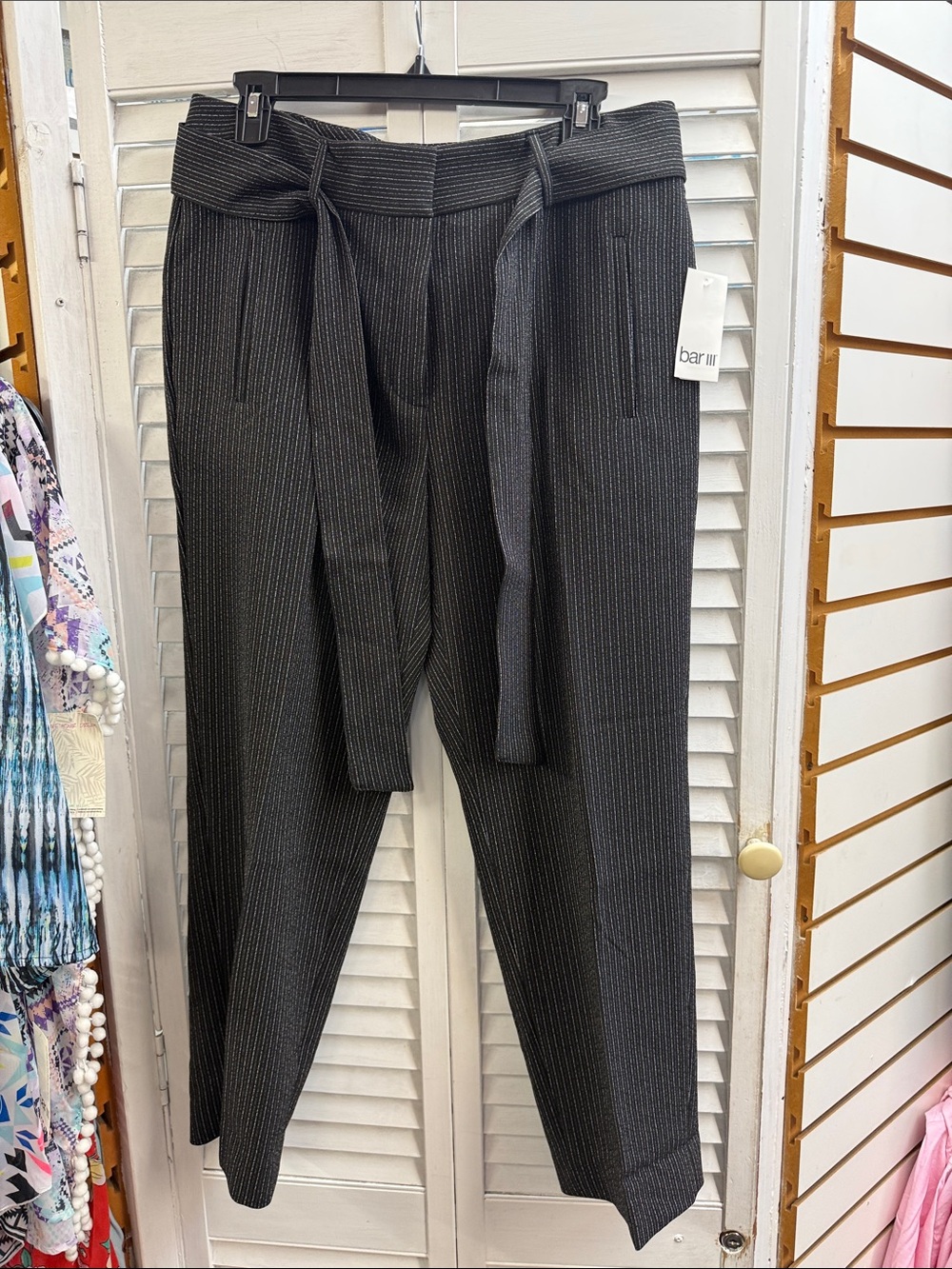 Bar III Charcoal Pinstripe Paperbag Waist Trousers